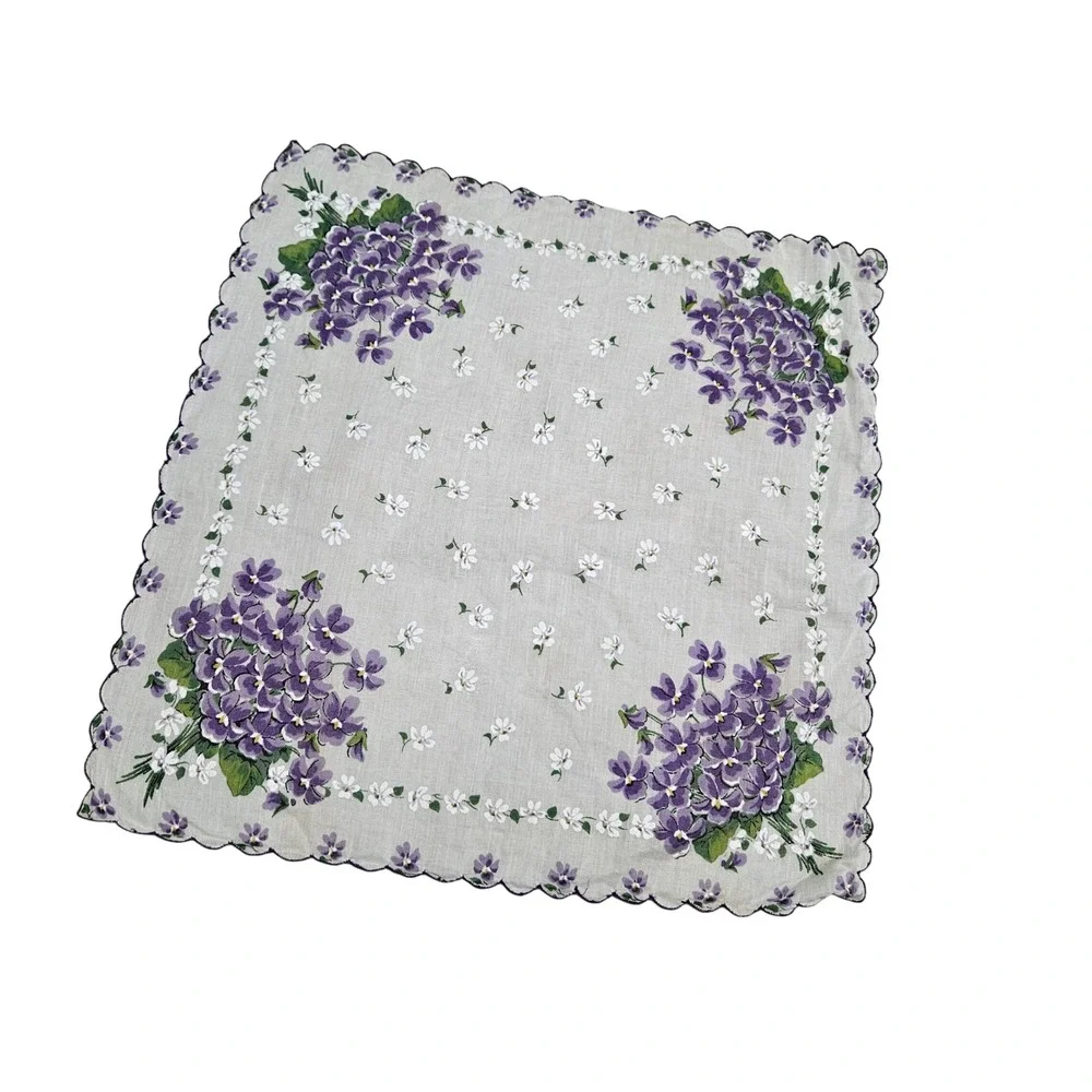 Vintage Floral Handkerchief Purple Violets White Flowers Scalloped Edge Sheer